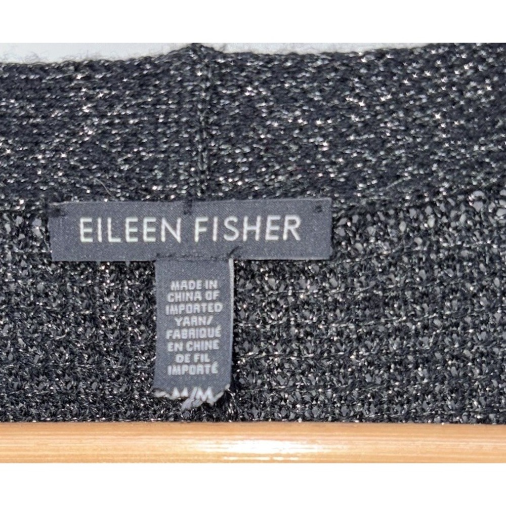 Eileen Fisher Black Metallic Long Open‎ Cardigan Sweater Merino Wool Medium - Picture 5 of 7